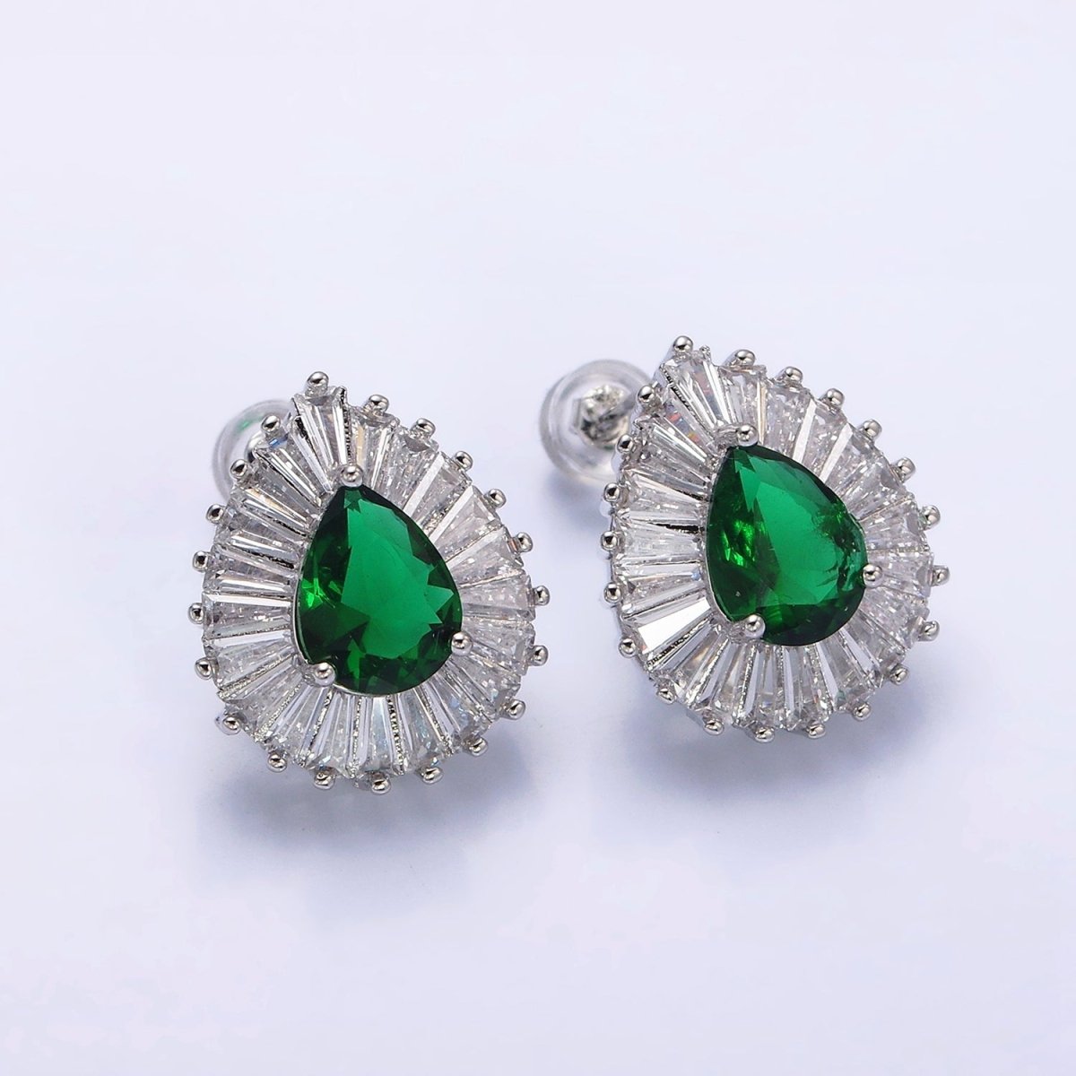 16K Gold Filled Green Teardrop CZ Baguette Stud Earrings in Gold & Silver | AD1084 AD1085 - DLUXCA