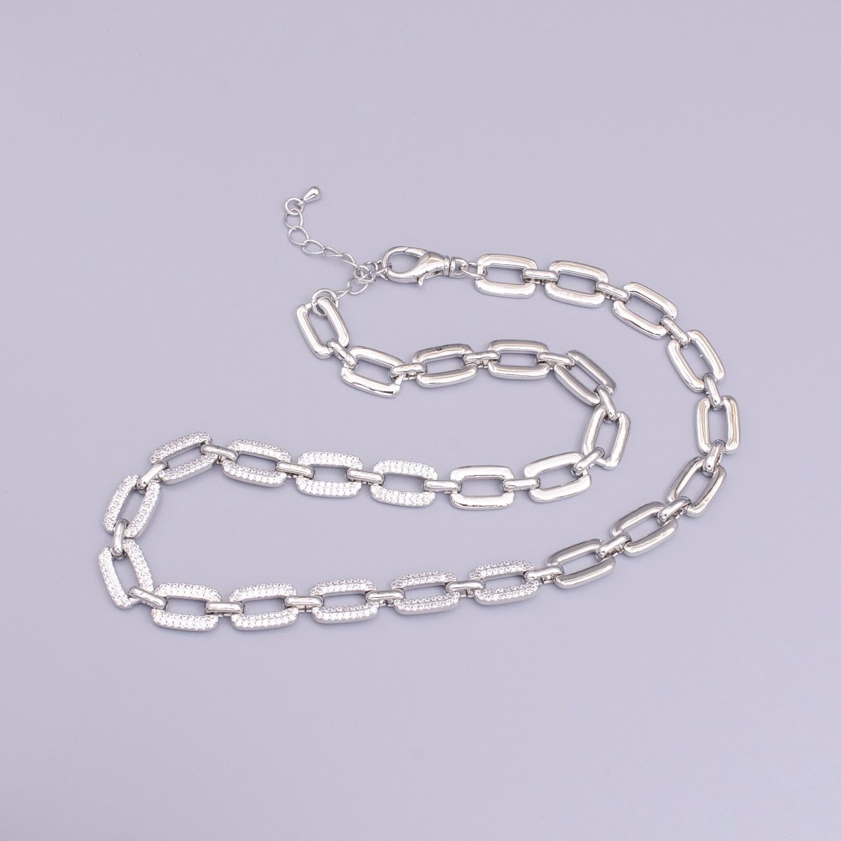 16K Gold Filled Half Micro Paved CZ Unique Paperclip 17 Inch Chain Necklace in Gold & Silver | WA-1892 WA-1893 Clearance Pricing - DLUXCA