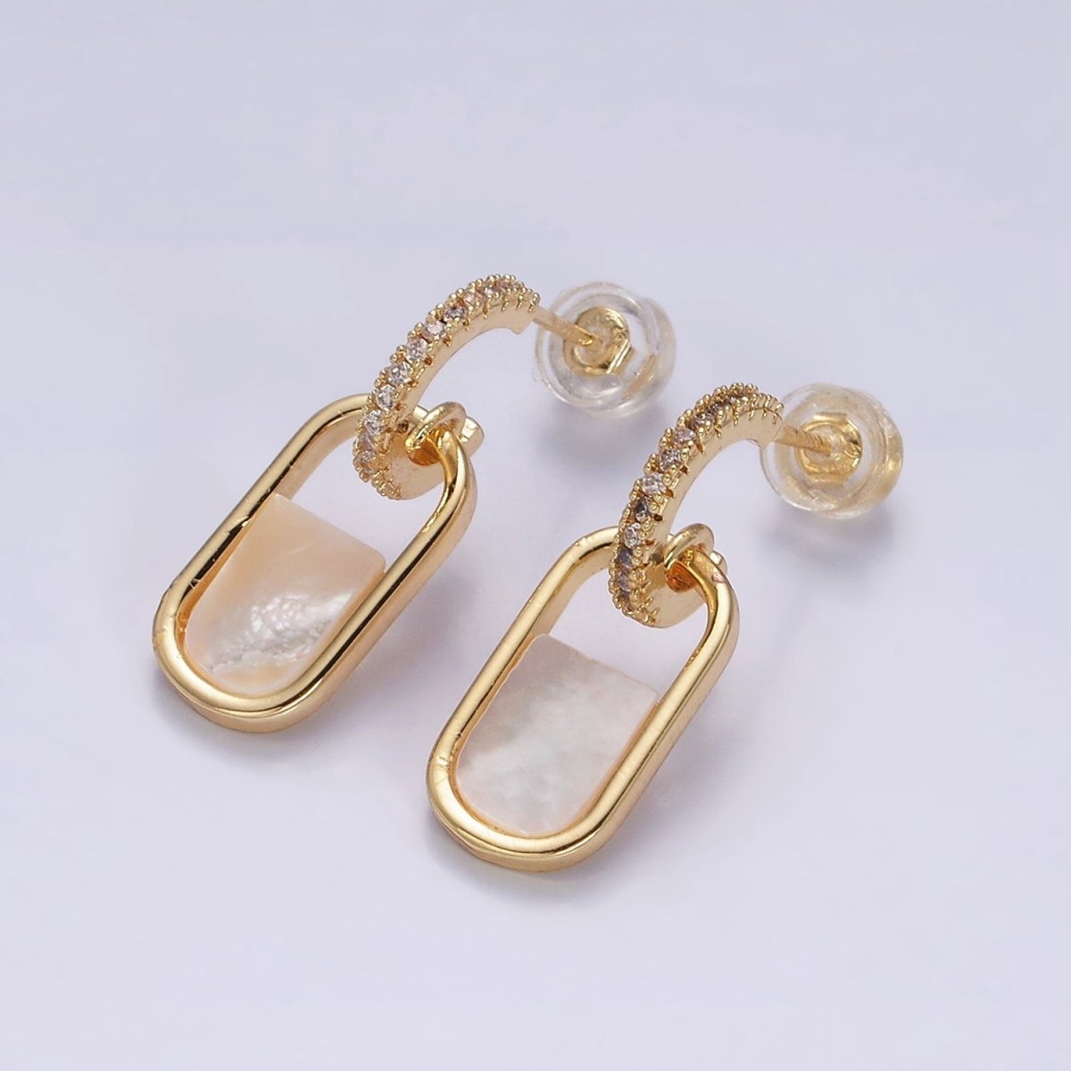 16K Gold Filled Half Shell Pearl Open Oblong Link Drop Micro Paved C-Shaped Hoop Earrings in Gold & Silver | Y-787 Y-788 - DLUXCA