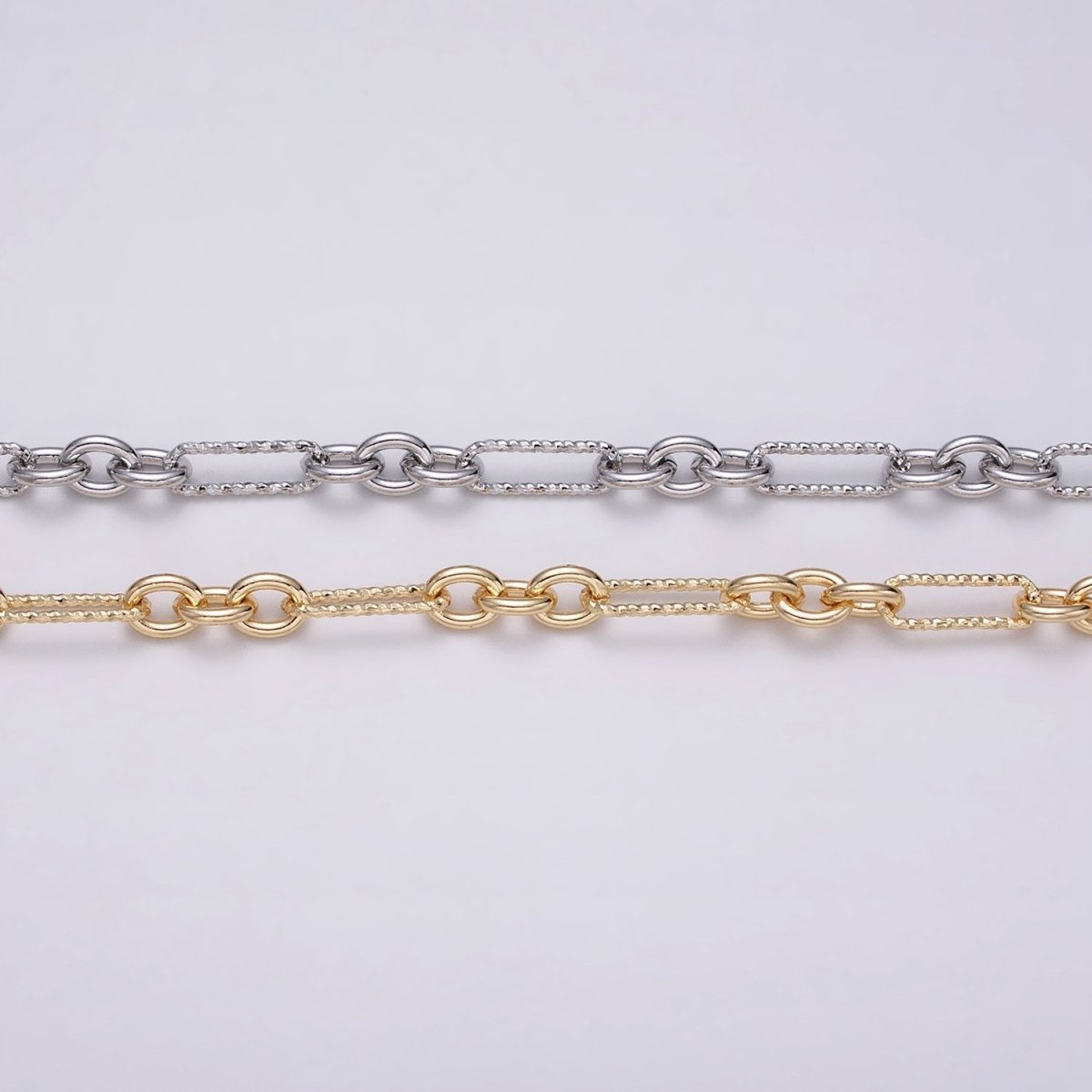 16K Gold Filled Hammered Figaro Long and Short Fancy Unfinished Chain by Yard in Gold & Silver | ROLL-1217 ROLL-1218 Clearance Pricing - DLUXCA