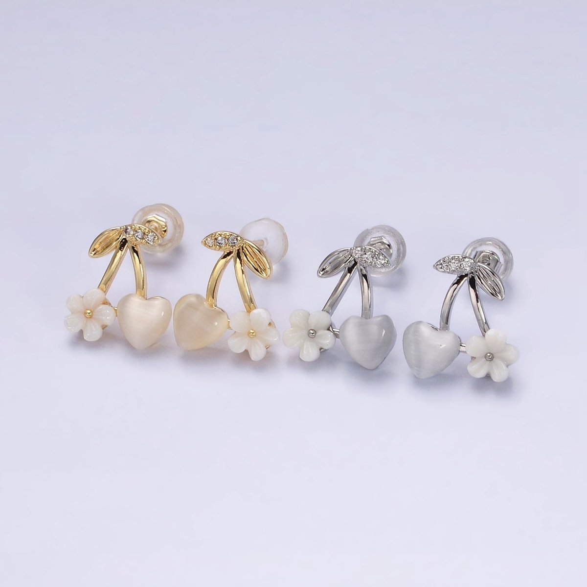 16K Gold Filled Heart Cats Eye Acrylic White Flower Cherry Stud Earrings in Gold & Silver | AD1234 AD1236 - DLUXCA