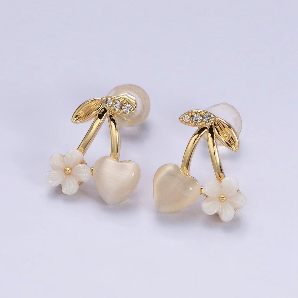 16K Gold Filled Heart Cats Eye Acrylic White Flower Cherry Stud Earrings in Gold & Silver | AD1234 AD1236 - DLUXCA