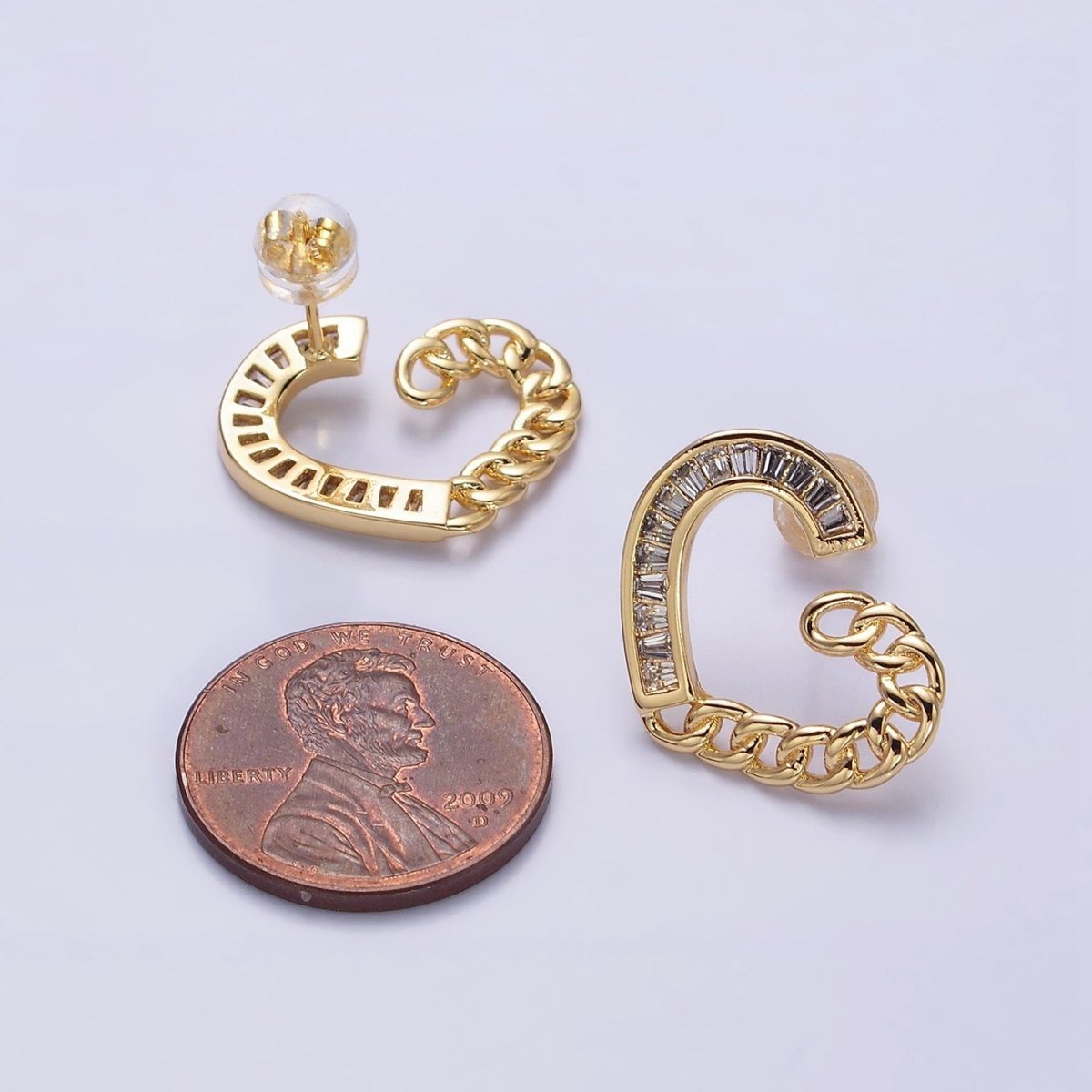 16K Gold Filled Heart Curb Link Baguette Lined Stud Earrings in Gold & Silver | AD988 AD989 - DLUXCA