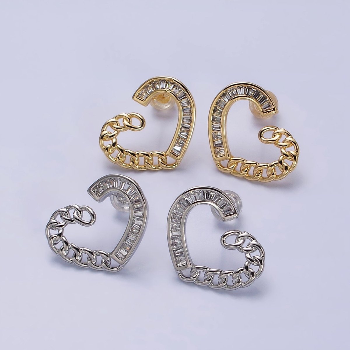 16K Gold Filled Heart Curb Link Baguette Lined Stud Earrings in Gold & Silver | AD988 AD989 - DLUXCA