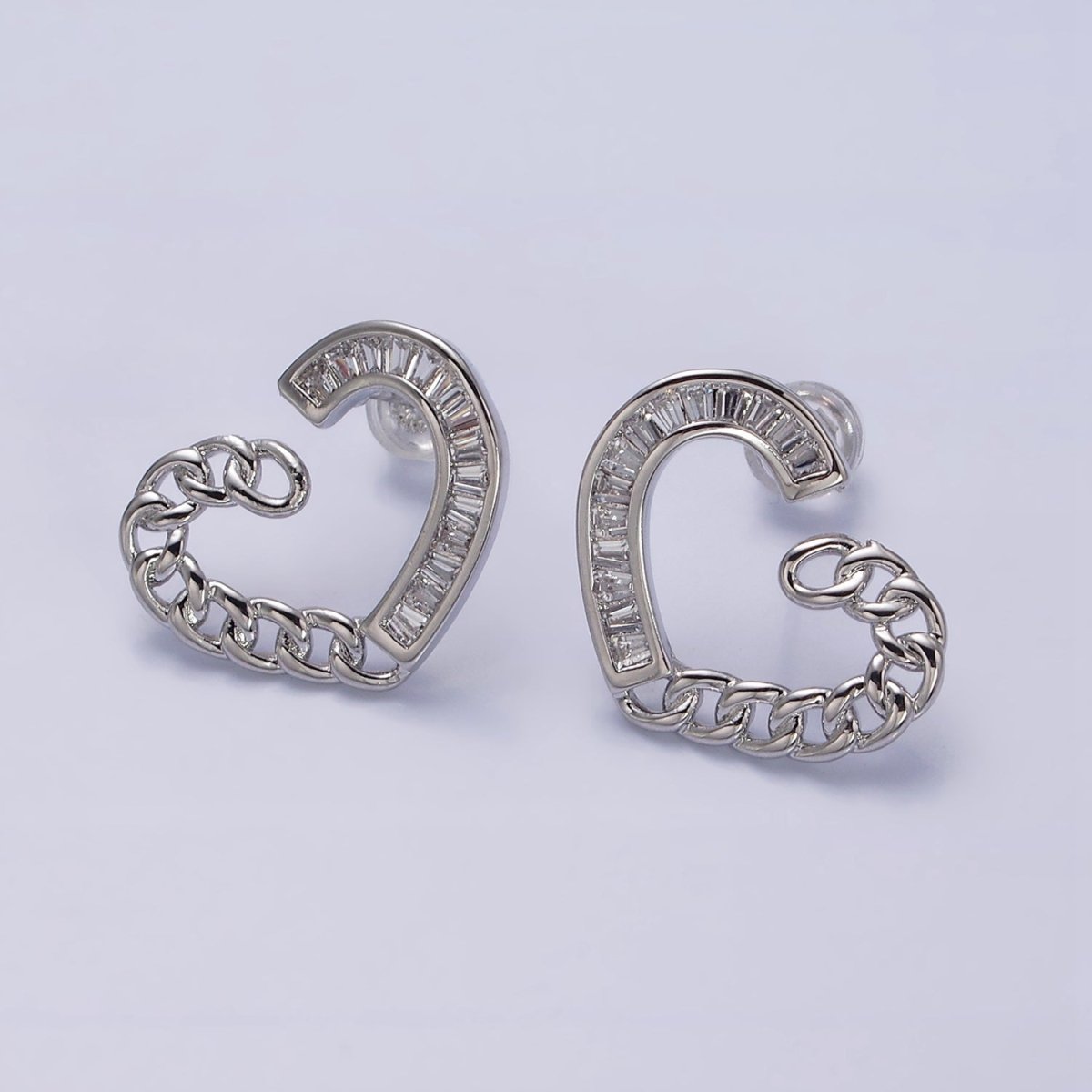 16K Gold Filled Heart Curb Link Baguette Lined Stud Earrings in Gold & Silver | AD988 AD989 - DLUXCA