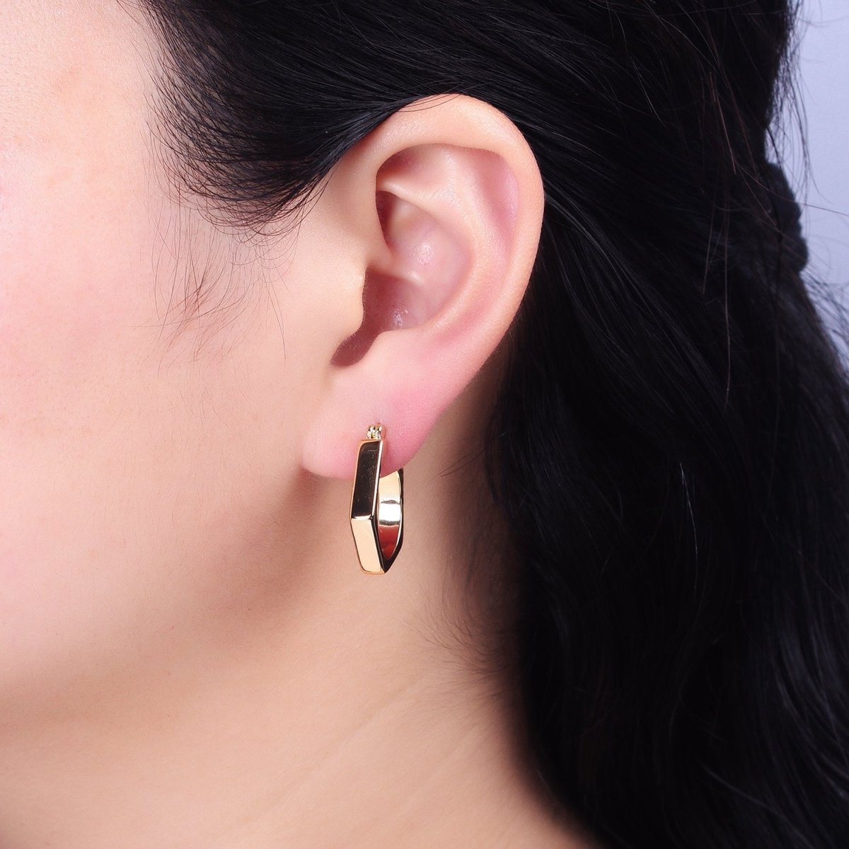 16K Gold Filled Hexagonal Geometric Latch French Lock Hoop Earrings in Gold & Silver | AB905 AB1533 - DLUXCA