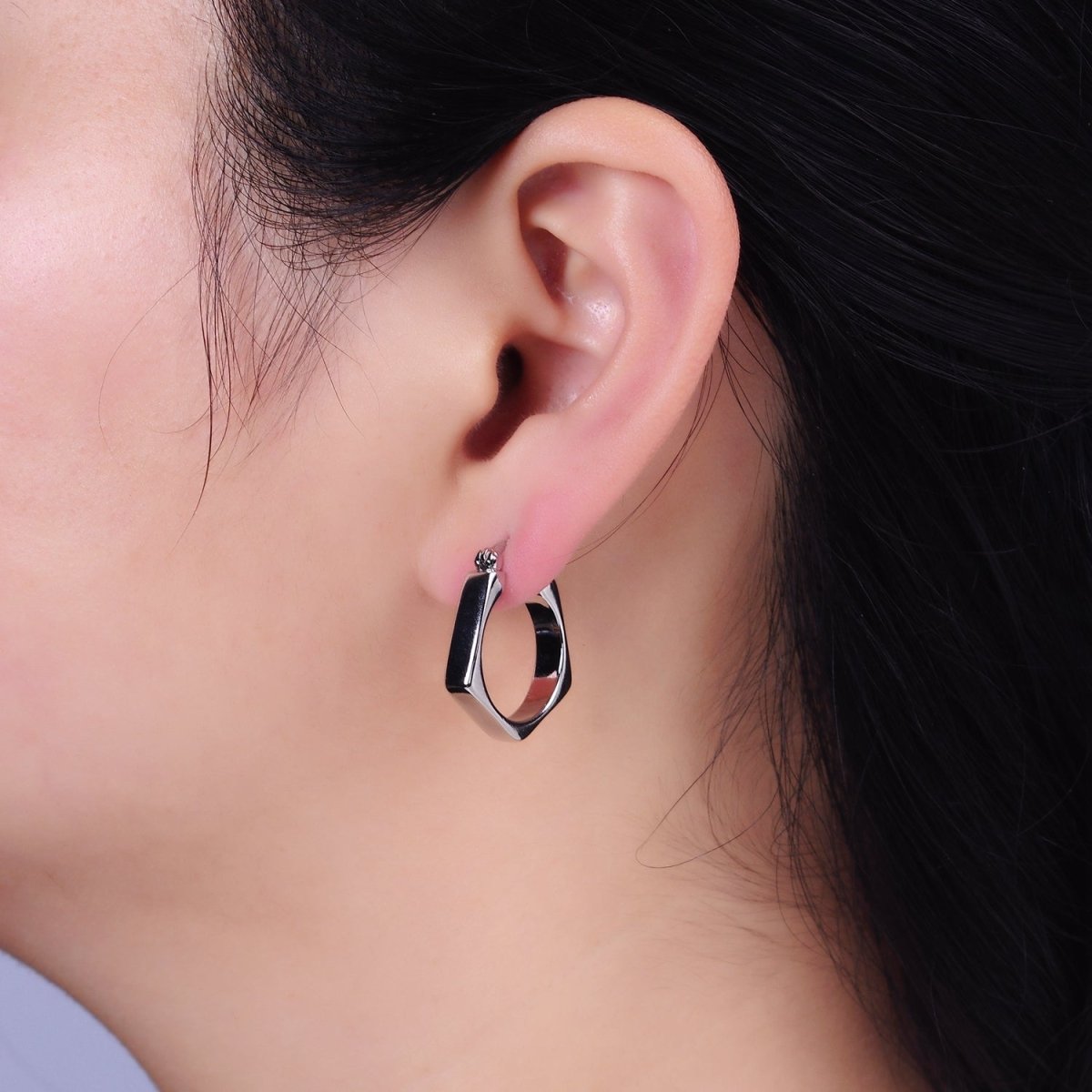 16K Gold Filled Hexagonal Geometric Latch French Lock Hoop Earrings in Gold & Silver | AB905 AB1533 - DLUXCA