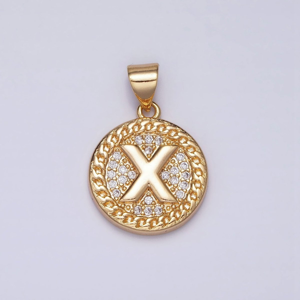 16K Gold Filled Initial Letter A-Z Micro Paved Curb Link Round Coin Pendant | AD331 - AD356 - DLUXCA