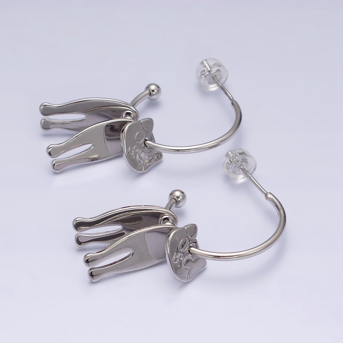 16K Gold Filled Kitty Cat Pet Triple Silhouette Dangle Drop C-Shaped Hoop Earrings in Gold & Silver | Y-781 Y-782 - DLUXCA