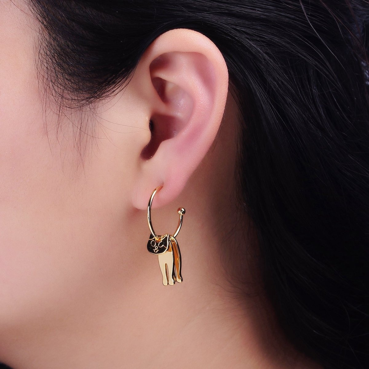 16K Gold Filled Kitty Cat Pet Triple Silhouette Dangle Drop C-Shaped Hoop Earrings in Gold & Silver | Y-781 Y-782 - DLUXCA