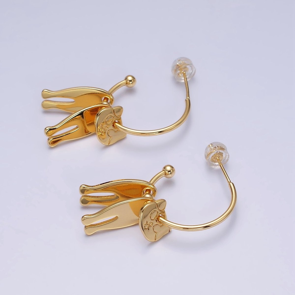 16K Gold Filled Kitty Cat Pet Triple Silhouette Dangle Drop C-Shaped Hoop Earrings in Gold & Silver | Y-781 Y-782 - DLUXCA