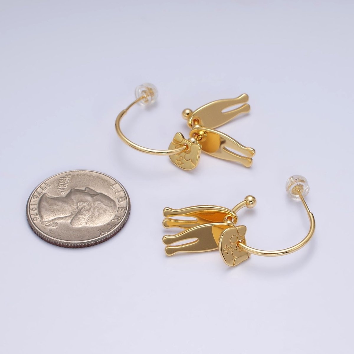 16K Gold Filled Kitty Cat Pet Triple Silhouette Dangle Drop C-Shaped Hoop Earrings in Gold & Silver | Y-781 Y-782 - DLUXCA