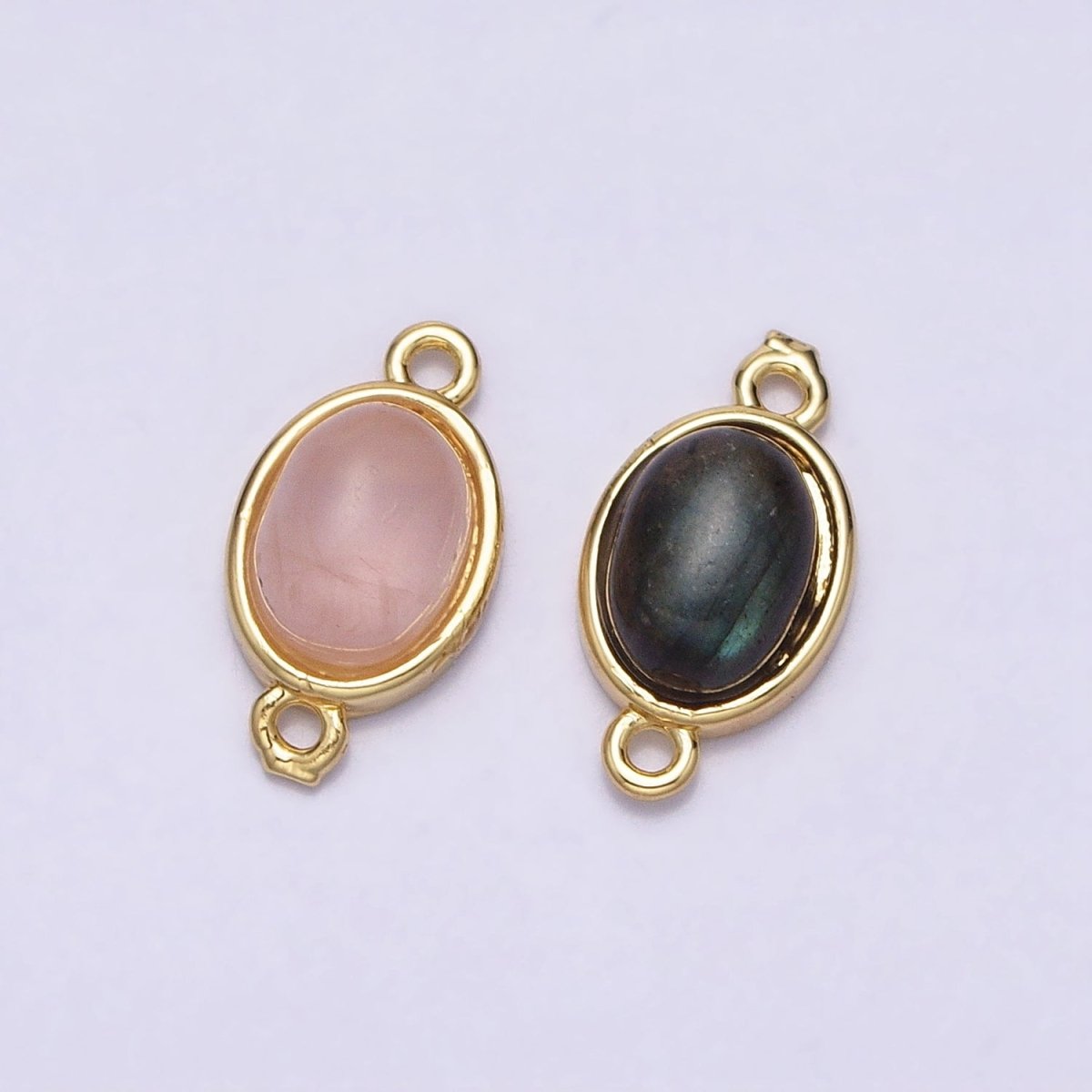 16K Gold Filled Labradorite, Rose Quartz Natural Gemstone 14.3mm Oval Connector | AA1003 AA1004 - DLUXCA