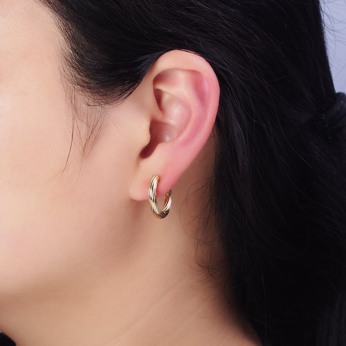 16K Gold Filled Line-Textured Twisted 17mm Endless Hoop Earrings | AD1293 - DLUXCA