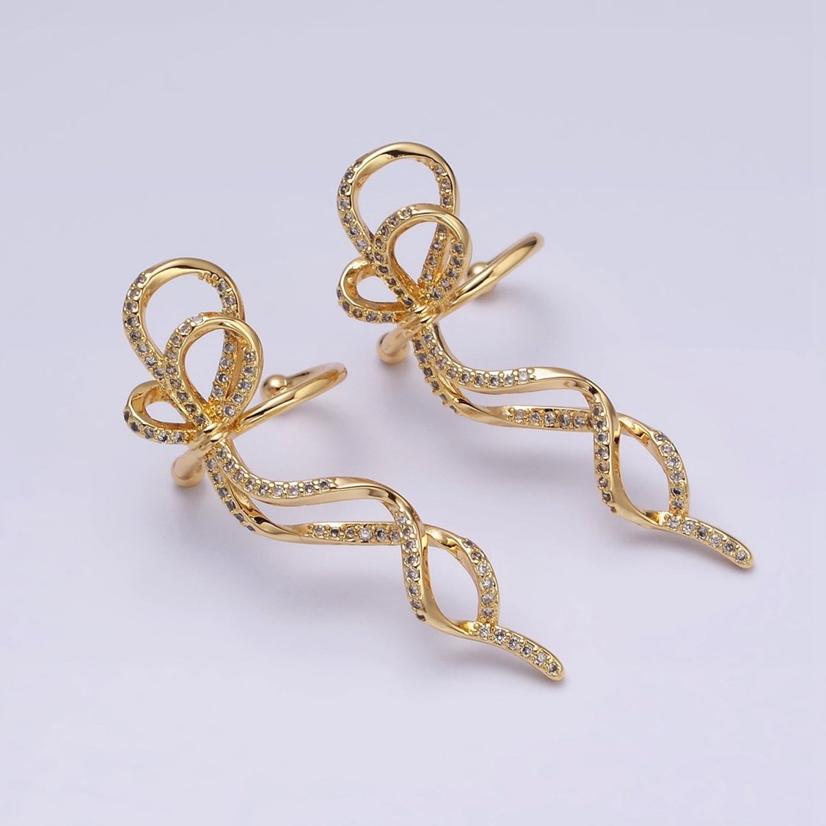 16K Gold Filled Long Ribbon Bow Twist Micro Paved Ear Cuff Earrings in Gold & Silver | AI-075 AI-076 - DLUXCA