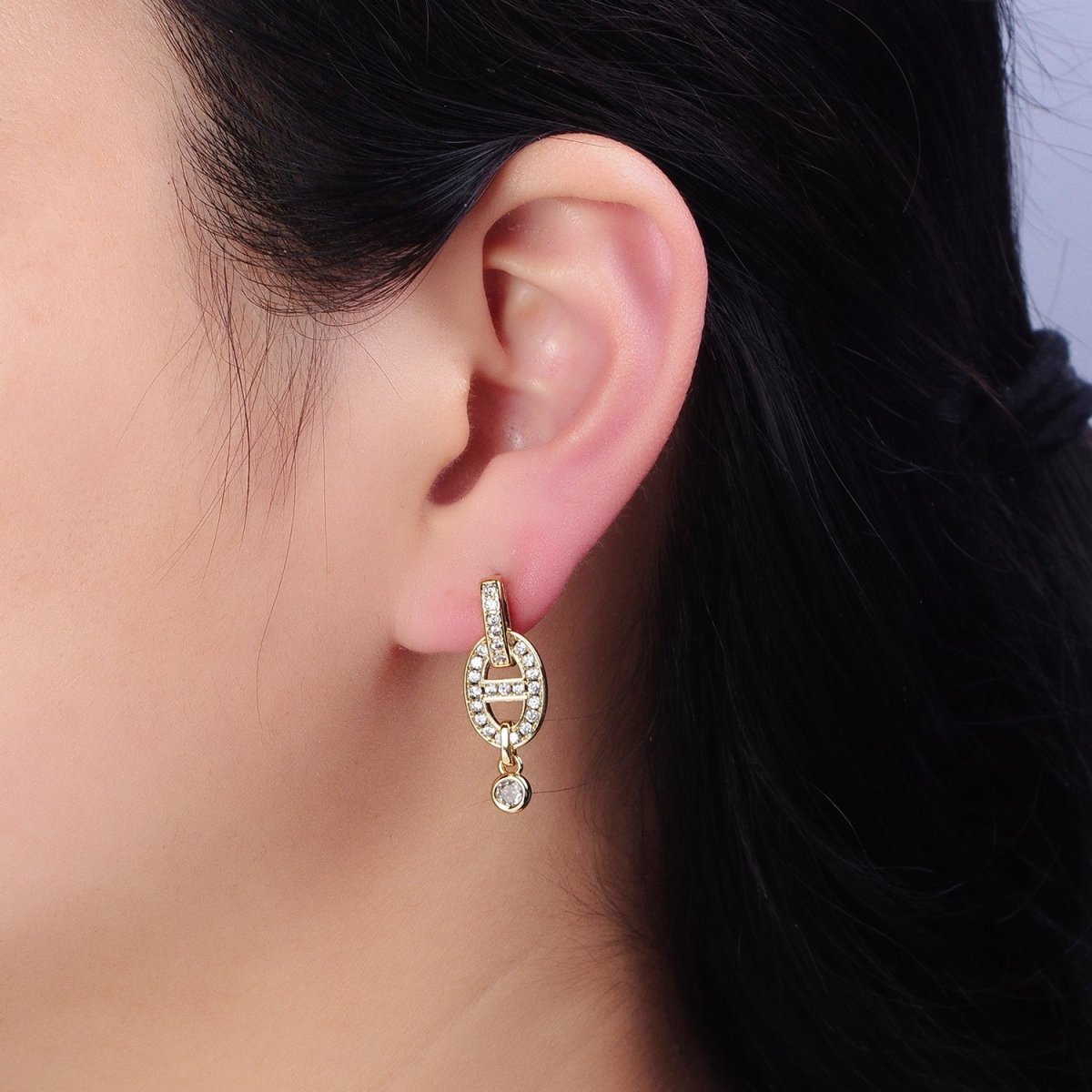 16K Gold Filled Mariner Anchor Link Micro Paved Clear CZ Drop Bar Stud Earrings in Gold & Silver | AD829 AD830 - DLUXCA