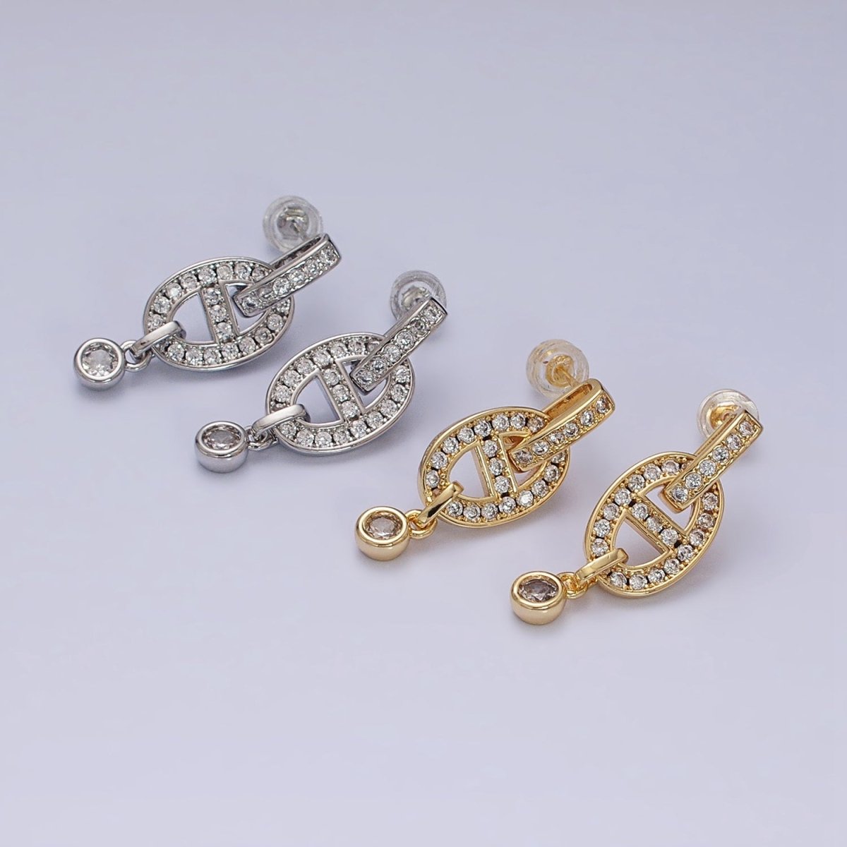 16K Gold Filled Mariner Anchor Link Micro Paved Clear CZ Drop Bar Stud Earrings in Gold & Silver | AD829 AD830 - DLUXCA