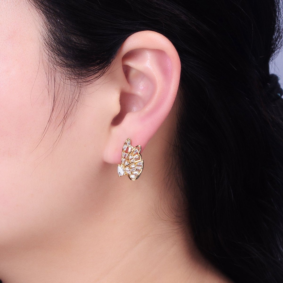 16K Gold Filled Mariposa Butterfly Baguette Teardrop CZ Wings Set Stud Earrings | AB633 AB634 - DLUXCA