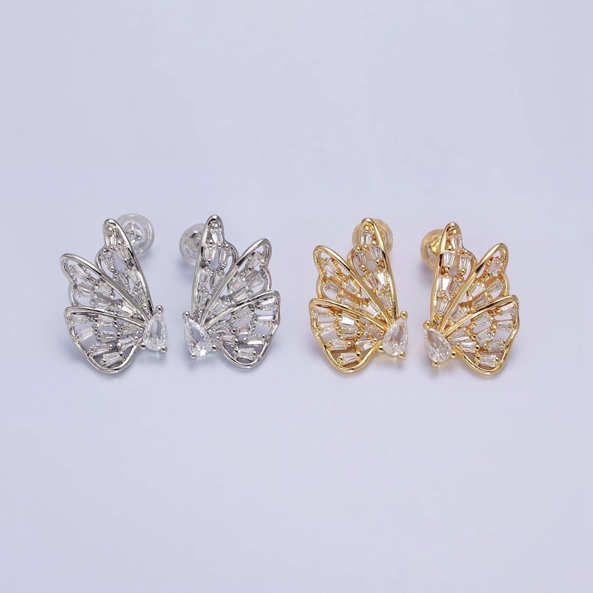 16K Gold Filled Mariposa Butterfly Baguette Teardrop CZ Wings Set Stud Earrings | AB633 AB634 - DLUXCA