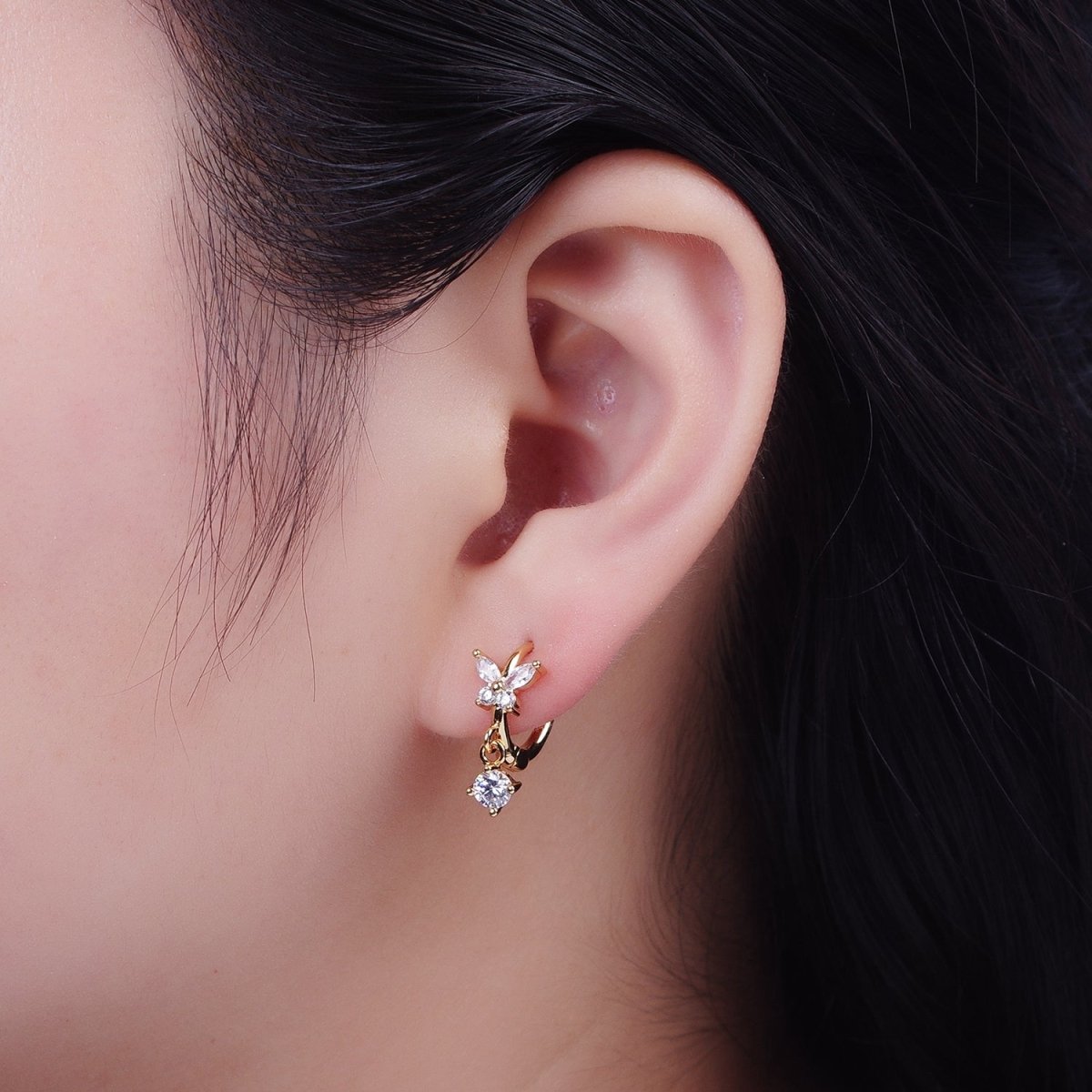 16K Gold Filled Mariposa Butterfly Lined Huggie with Round Cubic Zirconia Dangle Drop Hoop Earrings | X-850 - DLUXCA