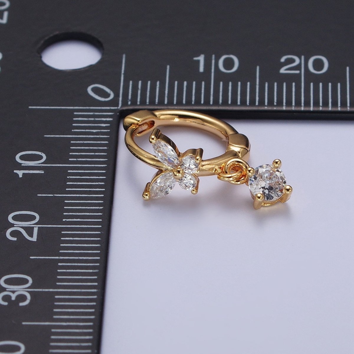 16K Gold Filled Mariposa Butterfly Lined Huggie with Round Cubic Zirconia Dangle Drop Hoop Earrings | X-850 - DLUXCA