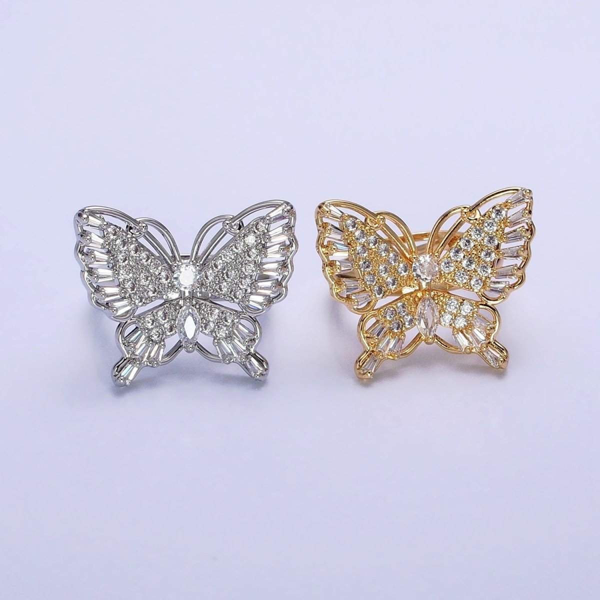 16K Gold Filled Marquise Butterfly Mariposa Micro Paved Baguette Wings Ring in Gold & Silver | O-1940 O-1941 - DLUXCA