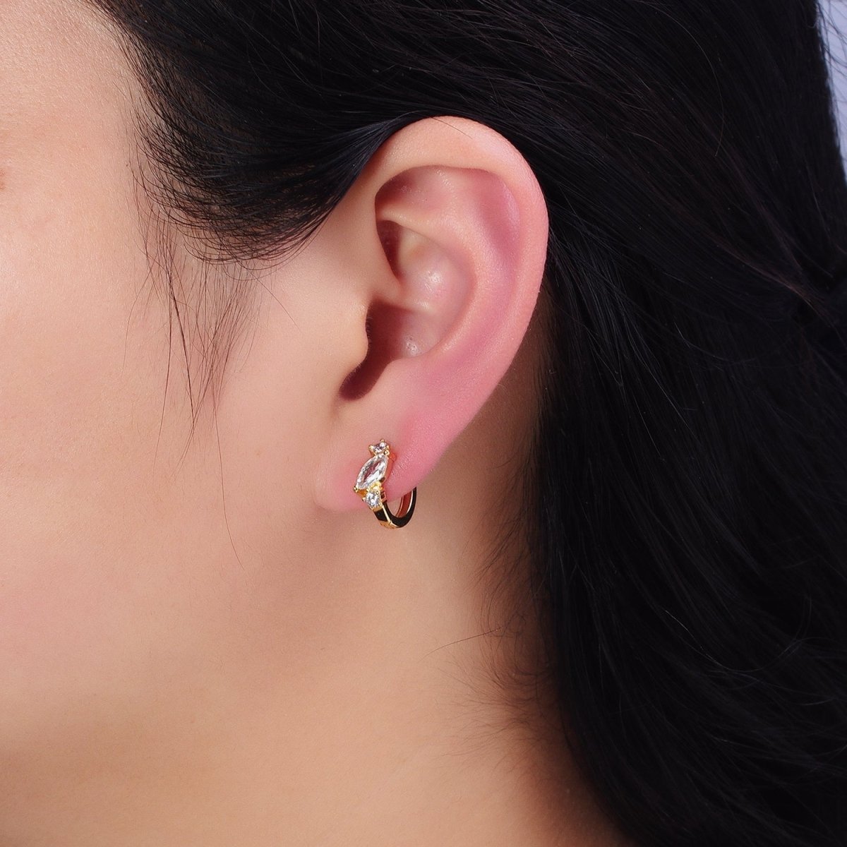 16K Gold Filled Marquise Triple Clear CZ 13mm Cartilage Huggie Earrings in Gold & Silver | AD931 AD932 - DLUXCA