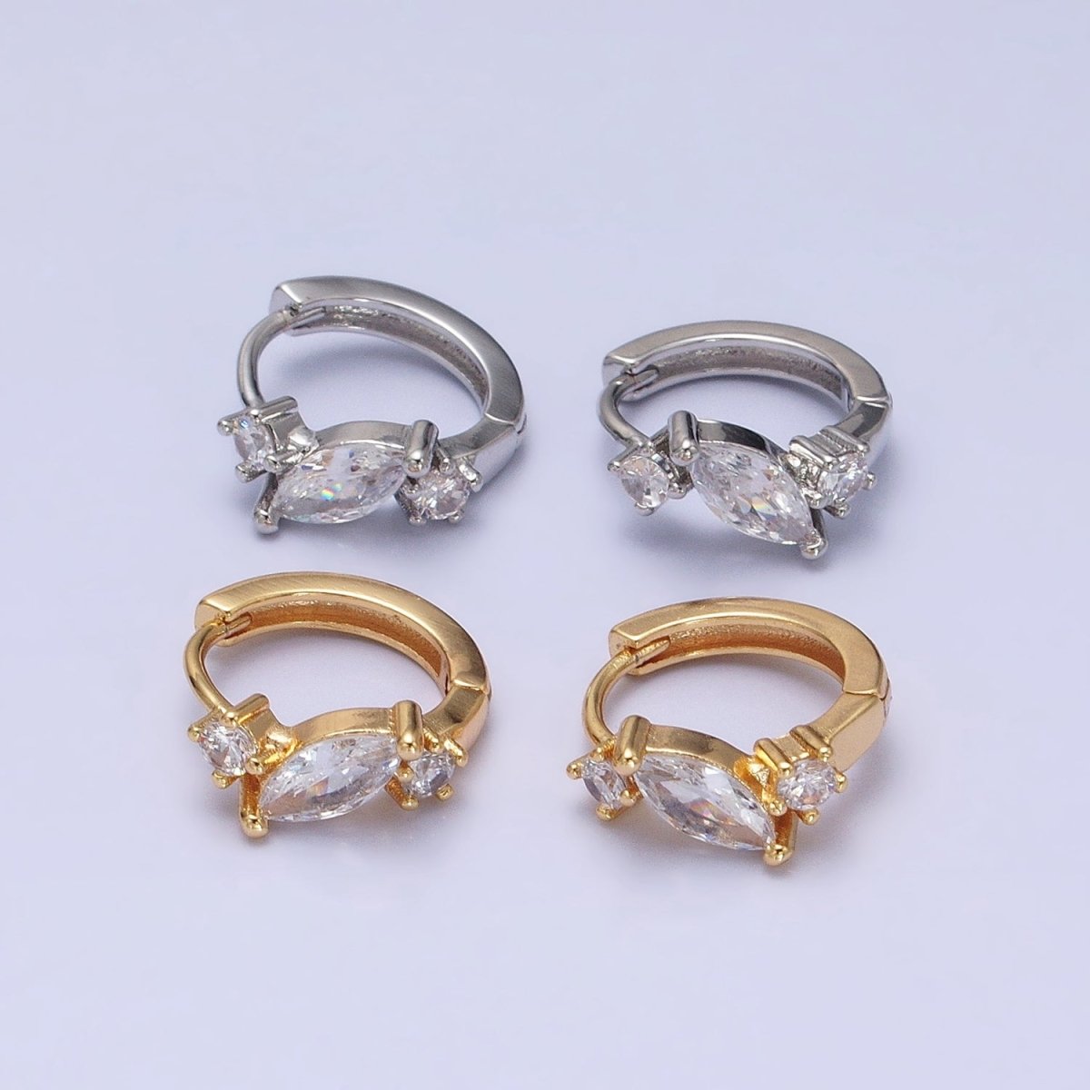 16K Gold Filled Marquise Triple Clear CZ 13mm Cartilage Huggie Earrings in Gold & Silver | AD931 AD932 - DLUXCA
