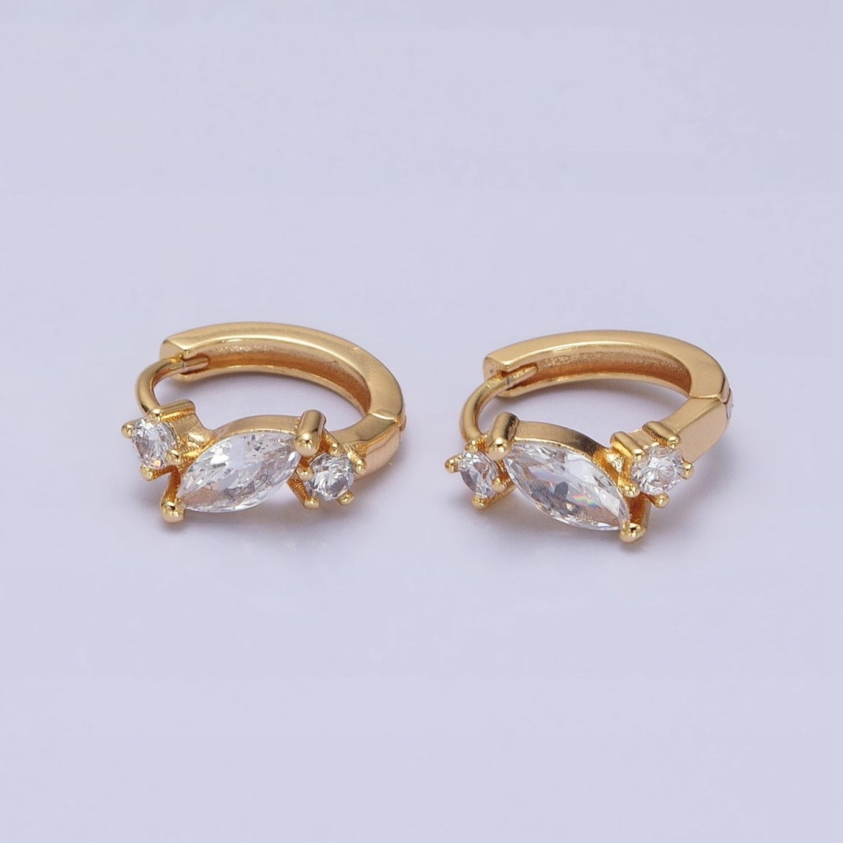 16K Gold Filled Marquise Triple Clear CZ 13mm Cartilage Huggie Earrings in Gold & Silver | AD931 AD932 - DLUXCA