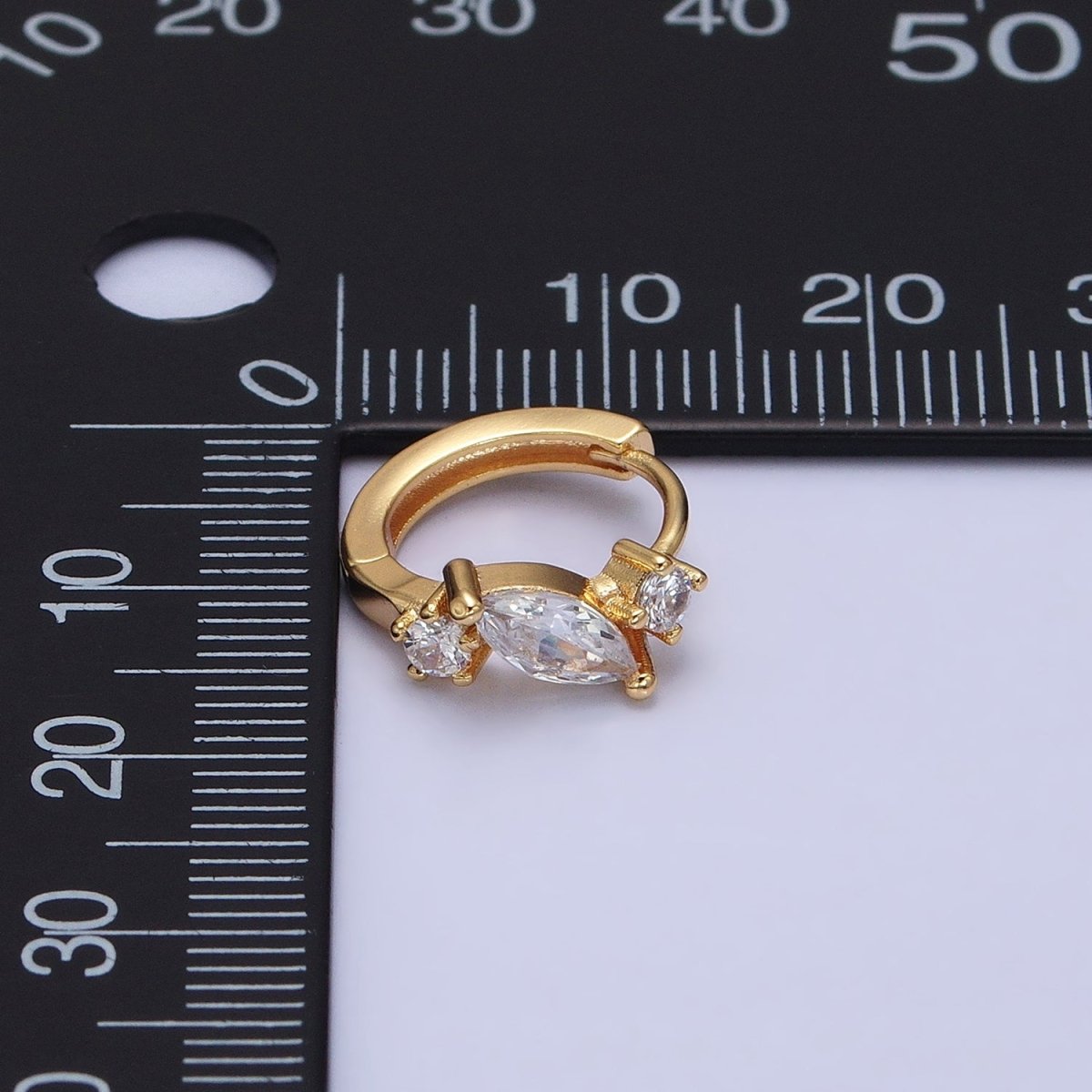 16K Gold Filled Marquise Triple Clear CZ 13mm Cartilage Huggie Earrings in Gold & Silver | AD931 AD932 - DLUXCA