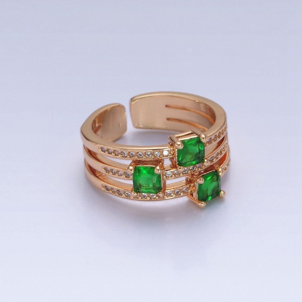 16K Gold Filled Micro Pave CZ Triple Band Emerald Green Baguette Square Cubic Zirconia Ring S-232 - DLUXCA