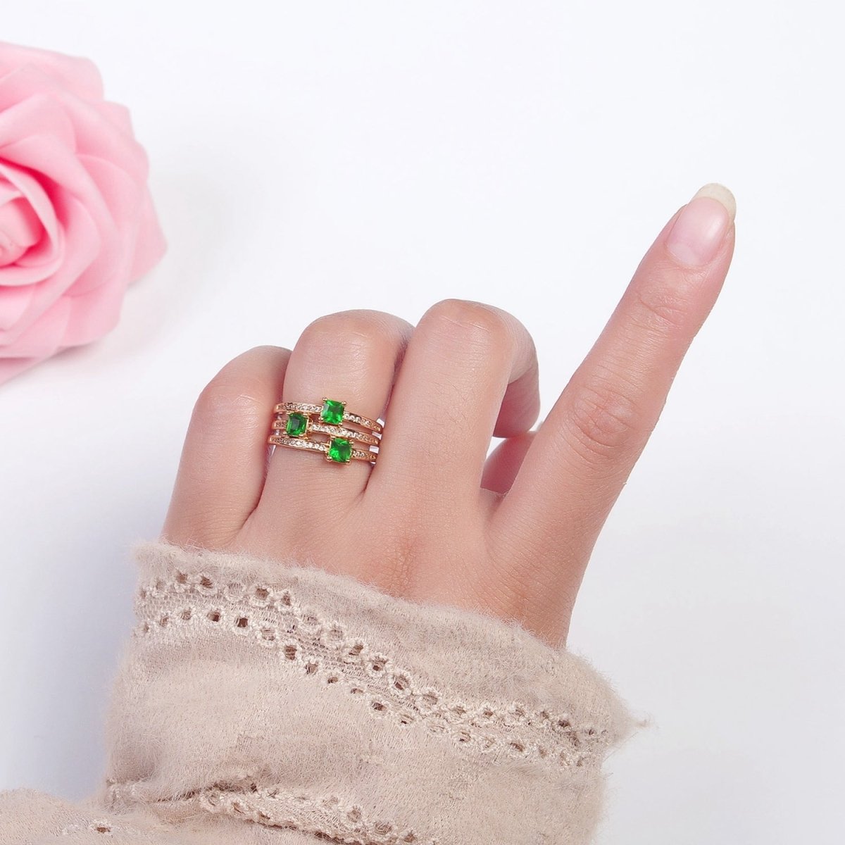 16K Gold Filled Micro Pave CZ Triple Band Emerald Green Baguette Square Cubic Zirconia Ring S-232 - DLUXCA
