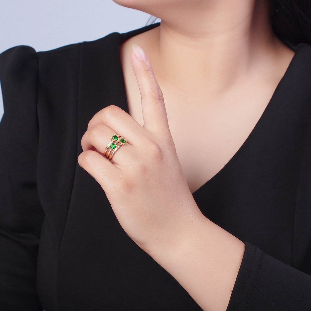 16K Gold Filled Micro Pave CZ Triple Band Emerald Green Baguette Square Cubic Zirconia Ring S-232 - DLUXCA