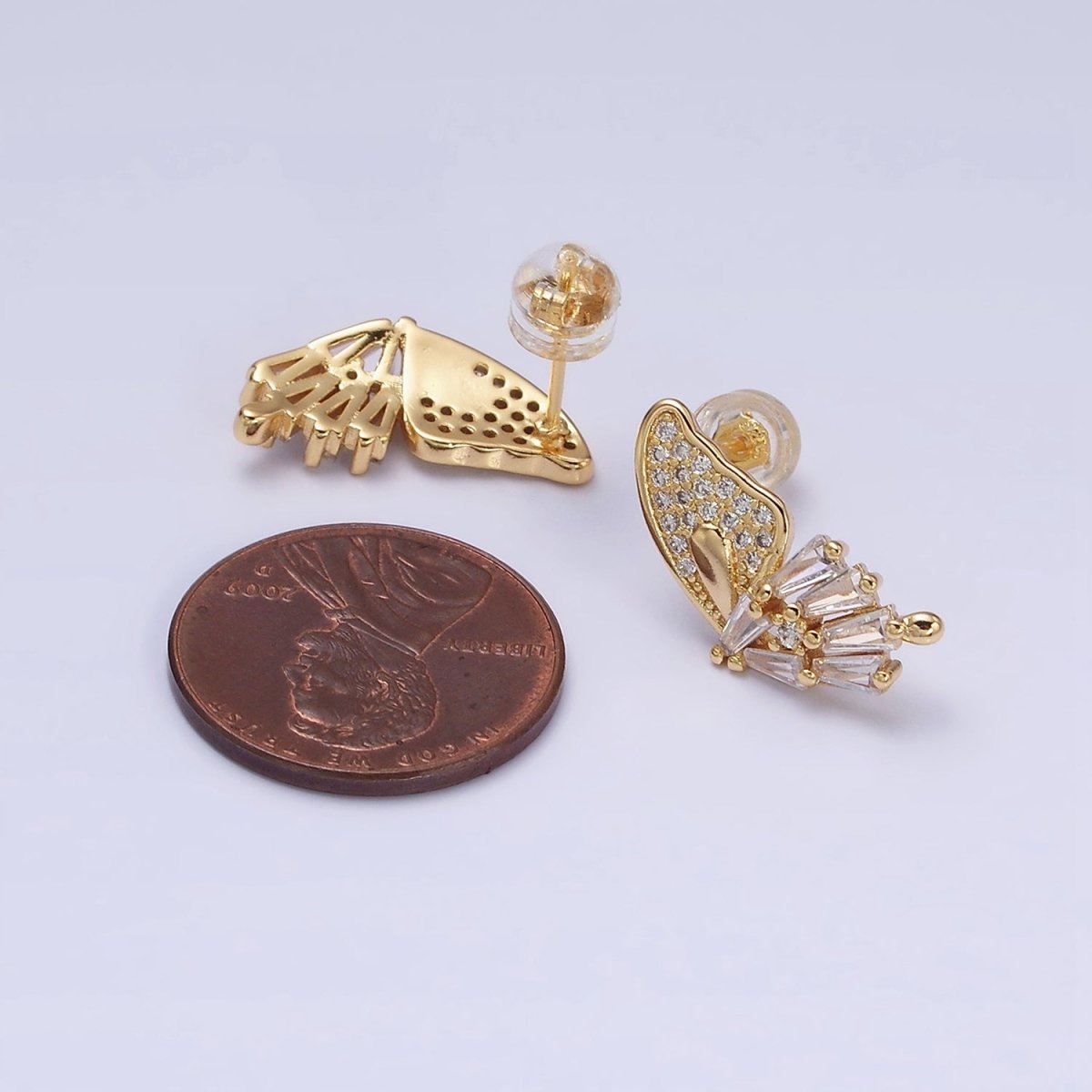 16K Gold Filled Micro Paved Baguette Butterfly Wings Set Stud Earrings | AD1229 - DLUXCA