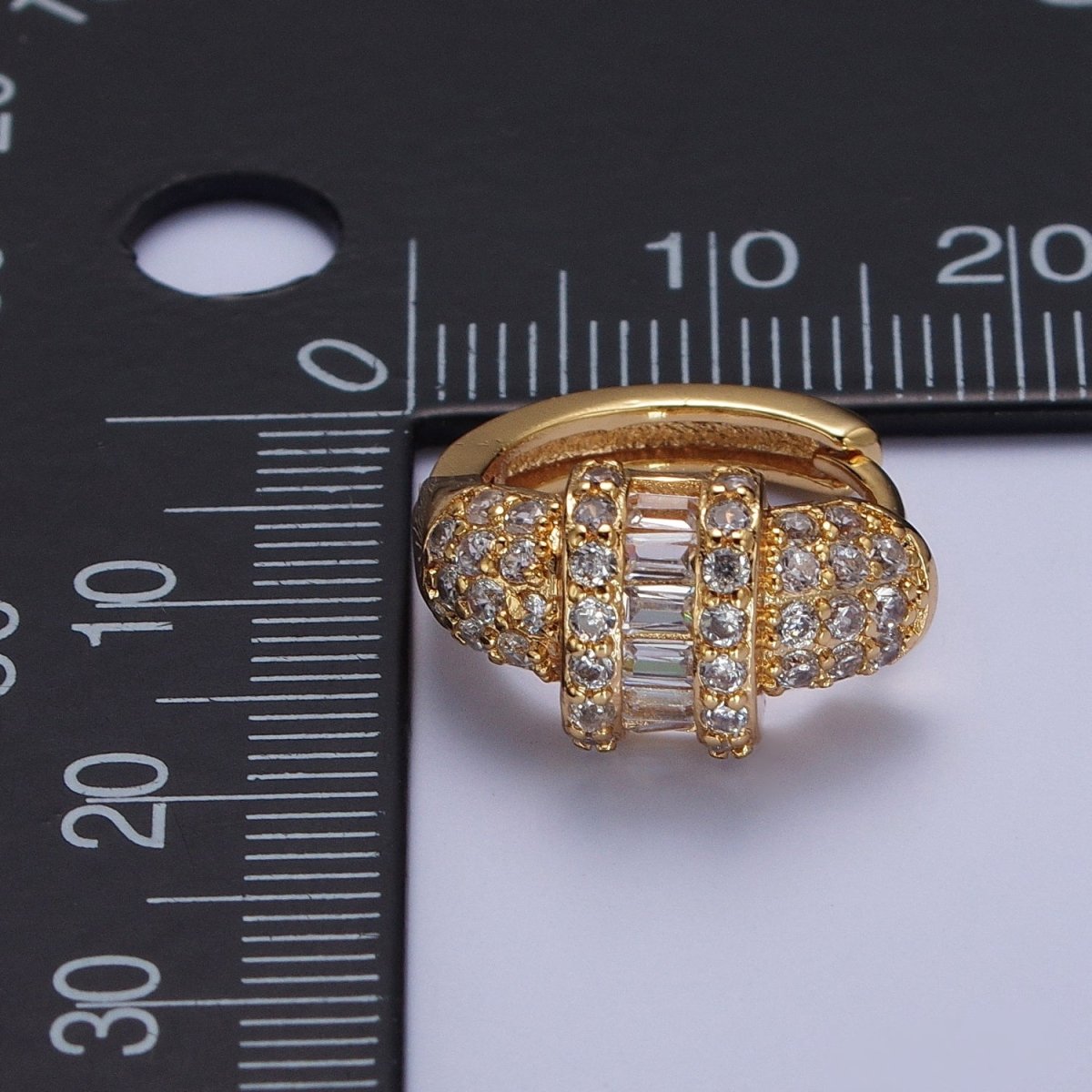 16K Gold Filled Micro Paved Baguette Center Statement Huggie Hoop Earrings | X-847 - DLUXCA