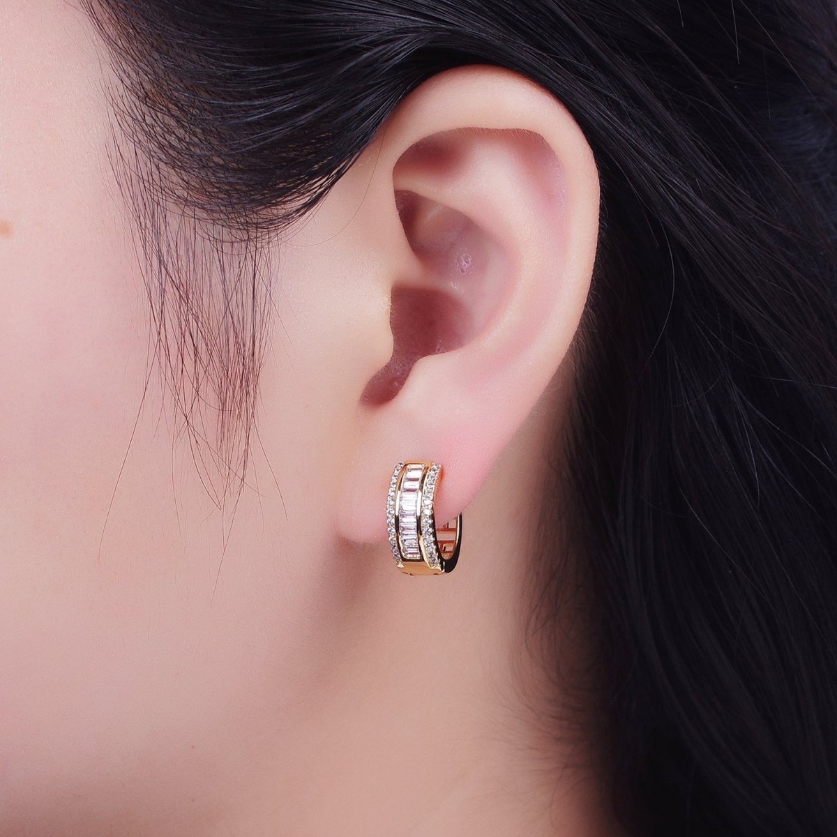16K Gold Filled Micro Paved Baguette Lined Cubic Zirconia Huggie Hoops Earrings | X-844 - DLUXCA