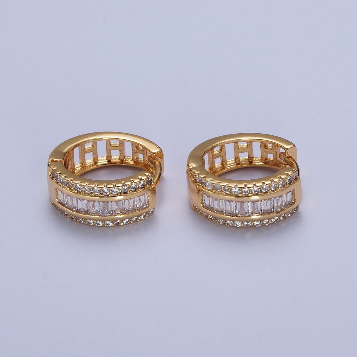 16K Gold Filled Micro Paved Baguette Lined Cubic Zirconia Huggie Hoops Earrings | X-844 - DLUXCA