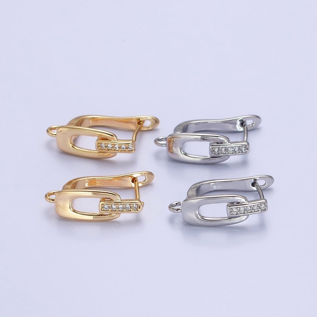 16K Gold Filled Micro Paved Bar Oblong Open Loop English Lock Earrings Supply in Gold & Silver | Z-328 Z-329 - DLUXCA