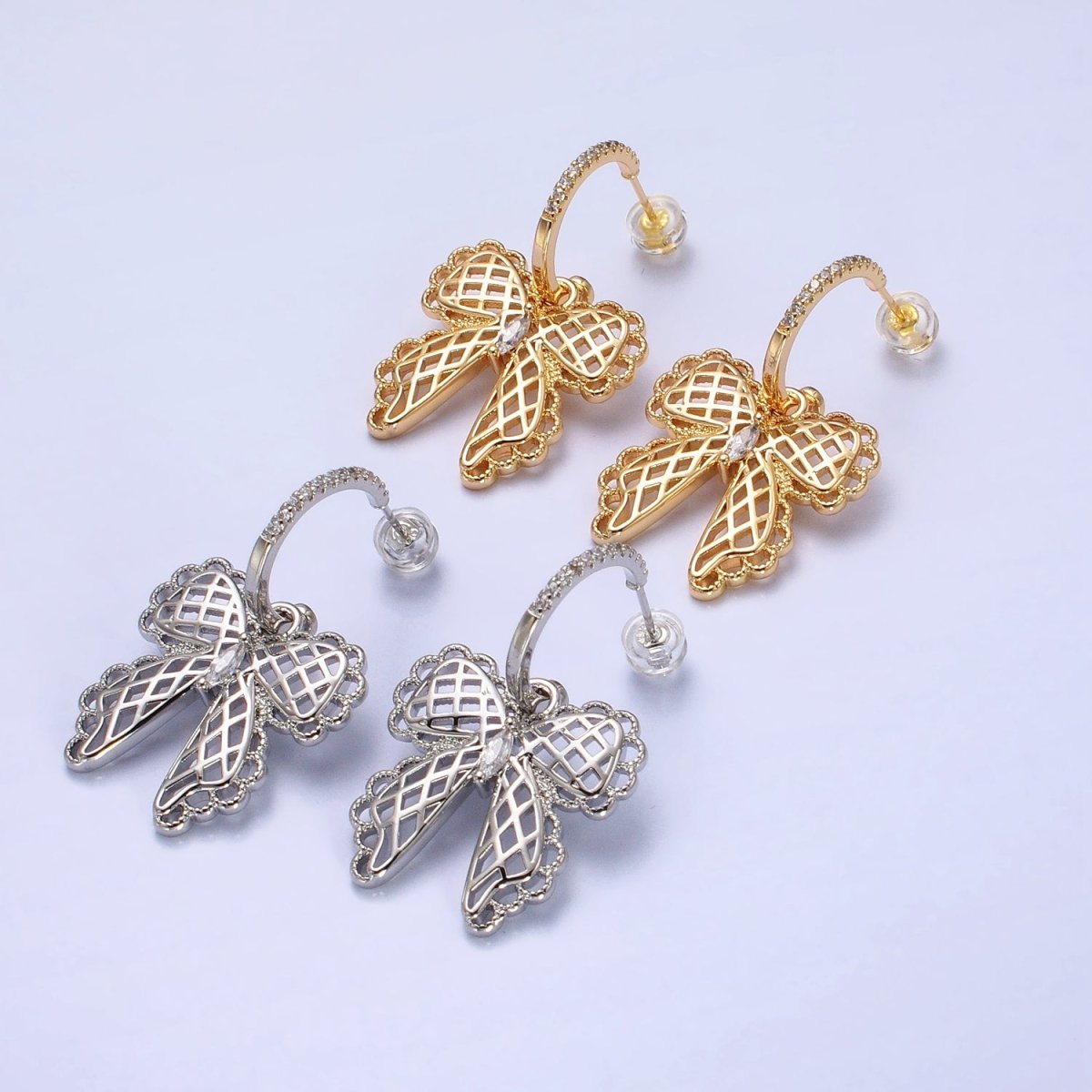 16K Gold Filled Micro Paved C-Shaped Hoops Ribbon Bow Dangle Drop Earrings in Gold & Silver | AB493 AB494 - DLUXCA