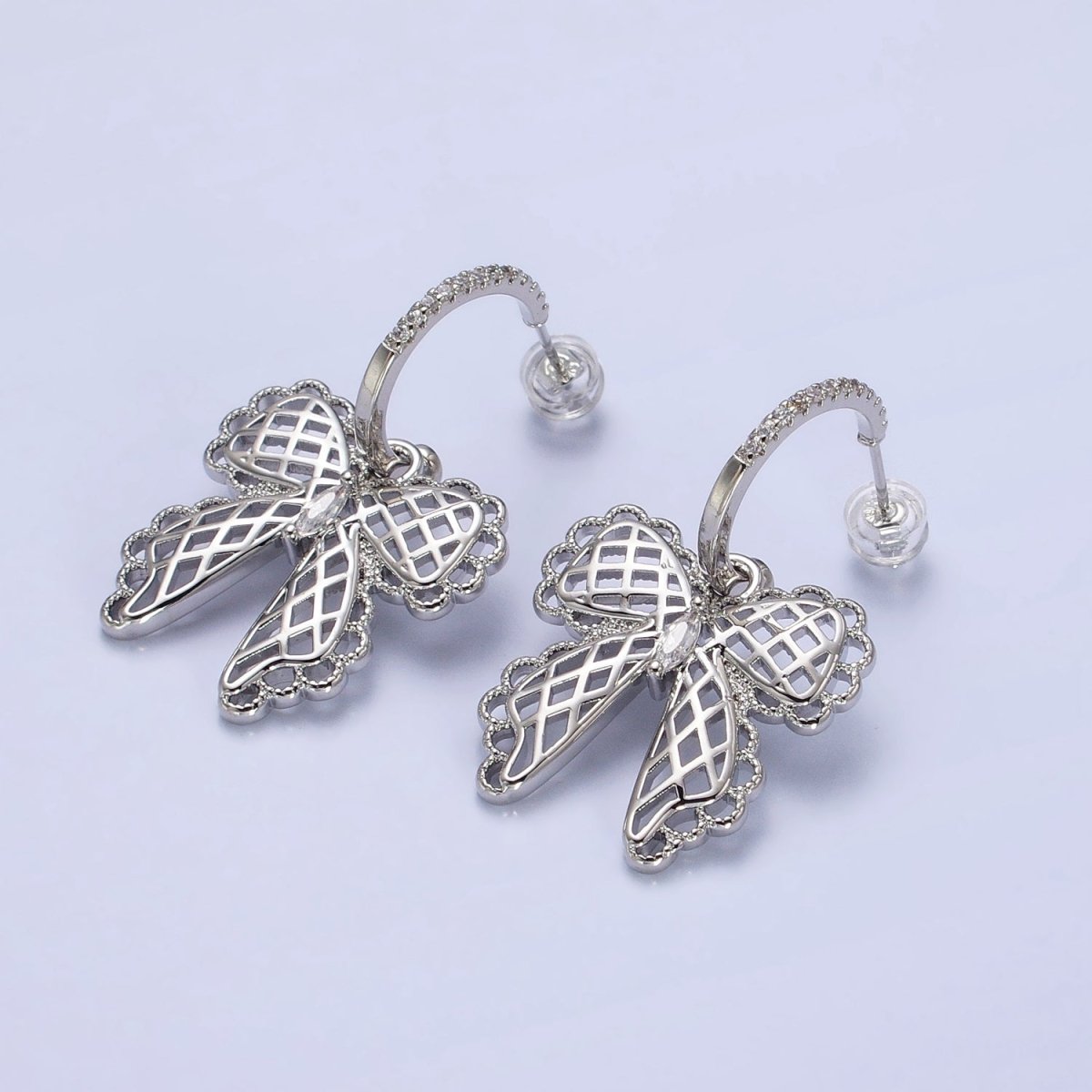 16K Gold Filled Micro Paved C-Shaped Hoops Ribbon Bow Dangle Drop Earrings in Gold & Silver | AB493 AB494 - DLUXCA