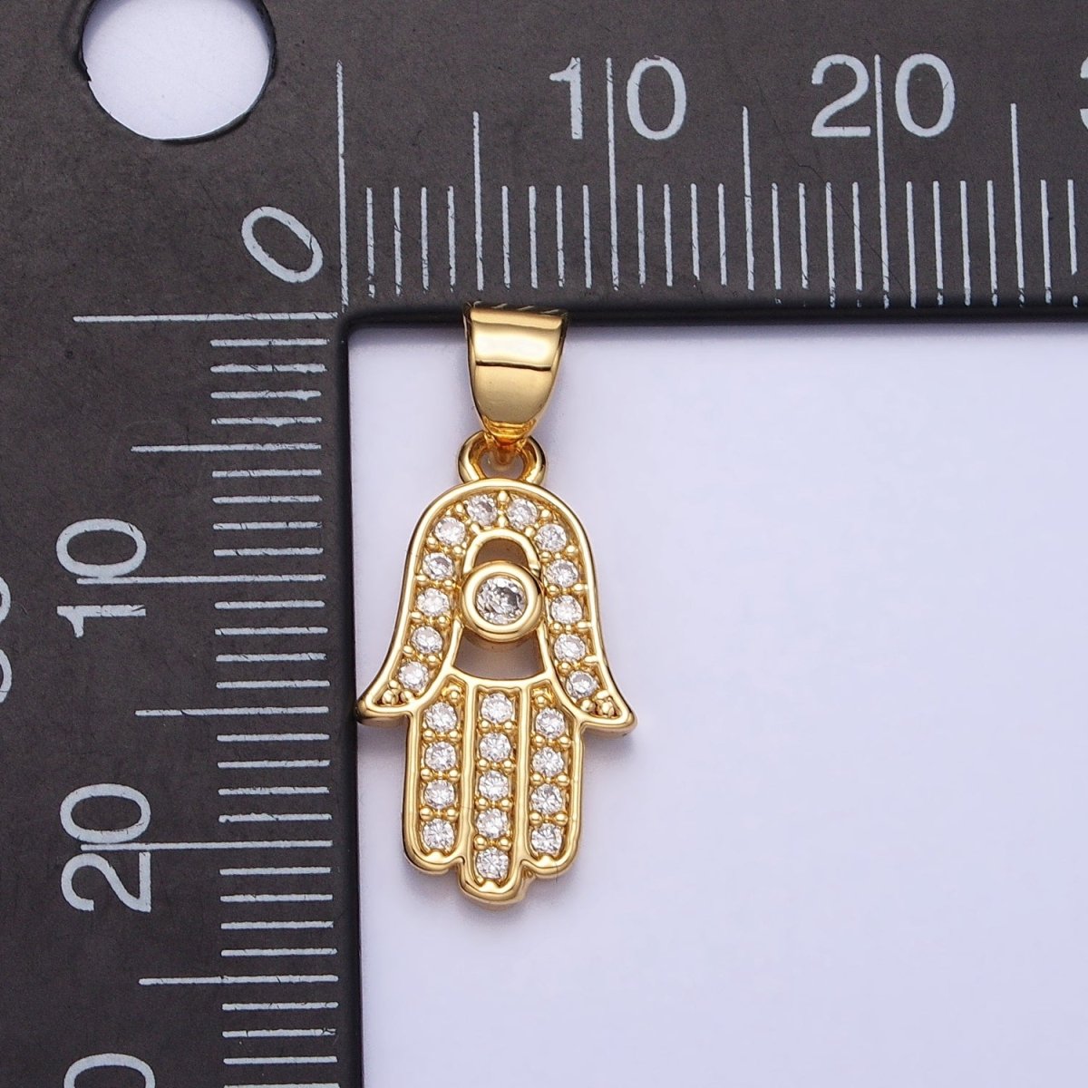 16K Gold Filled Micro Paved Clear CZ Protection Hamsa Hand Evil Eye Pendant in Gold & Silver | AA386 AA387 - DLUXCA