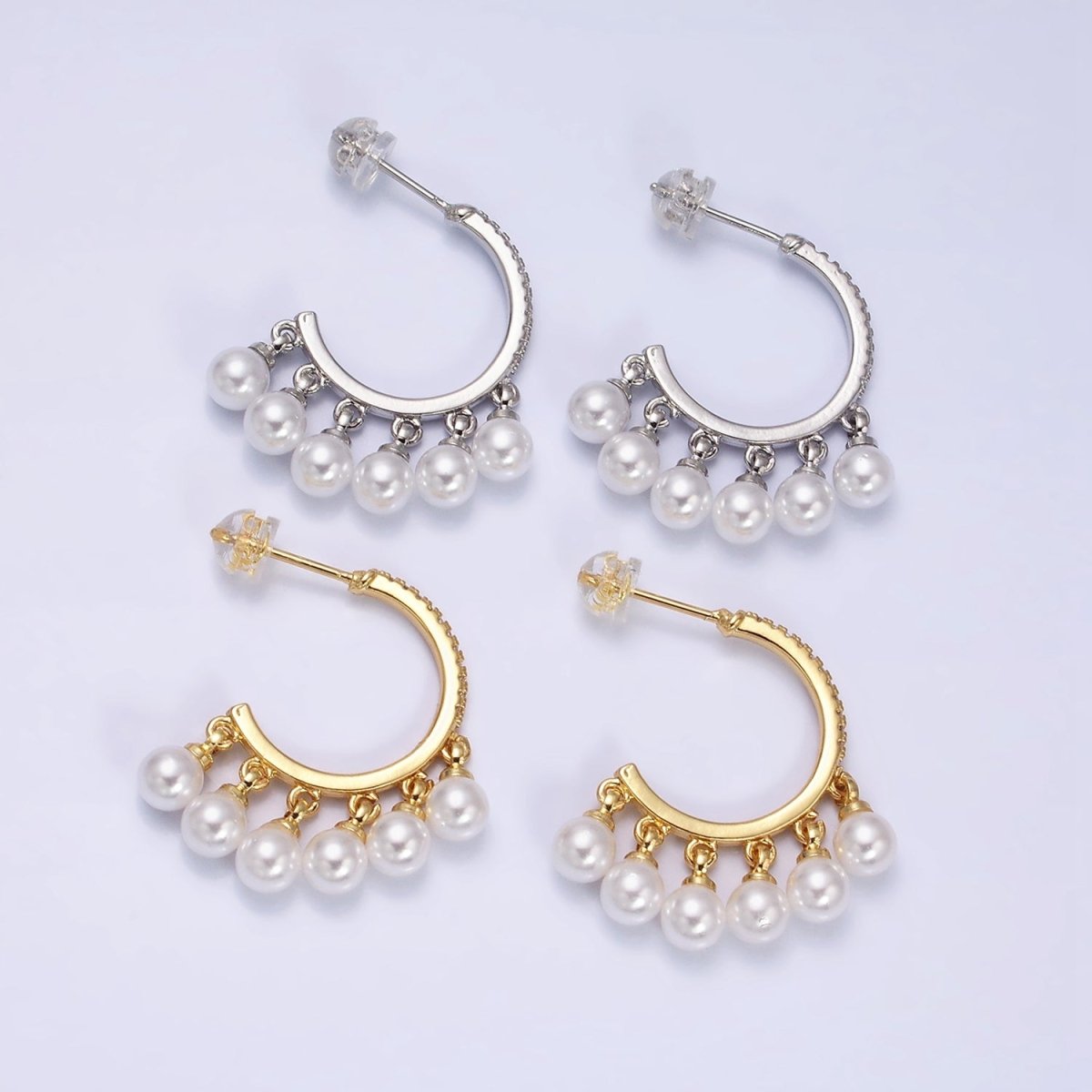 16K Gold Filled Micro Paved CZ C-Shaped Round Pearl Drop Dangle Hoop Earrings in Gold & Silver | AD1167 AD1168 - DLUXCA