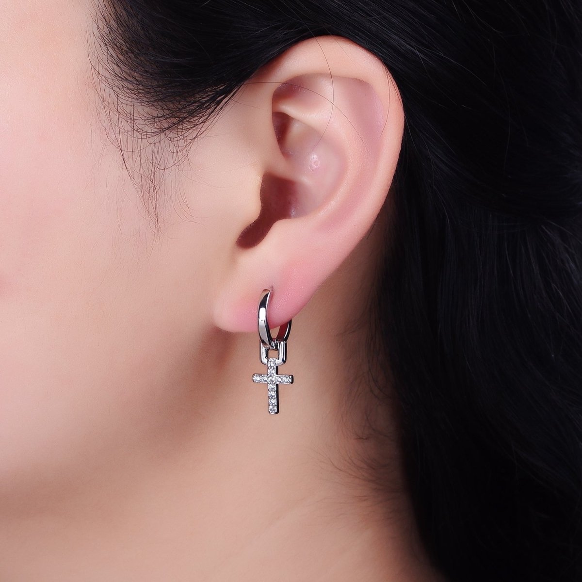 16K Gold Filled Micro Paved CZ Cross Religious Drop Huggie Earrings in Gold & Silver | AD1225 AD1226 - DLUXCA