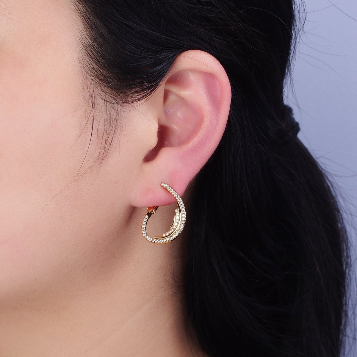 16K Gold Filled Micro Paved CZ Double Lined Teardrop Font-Facing Hinge Hoop Earrings in Gold & Silver | AD899 AD900 - DLUXCA