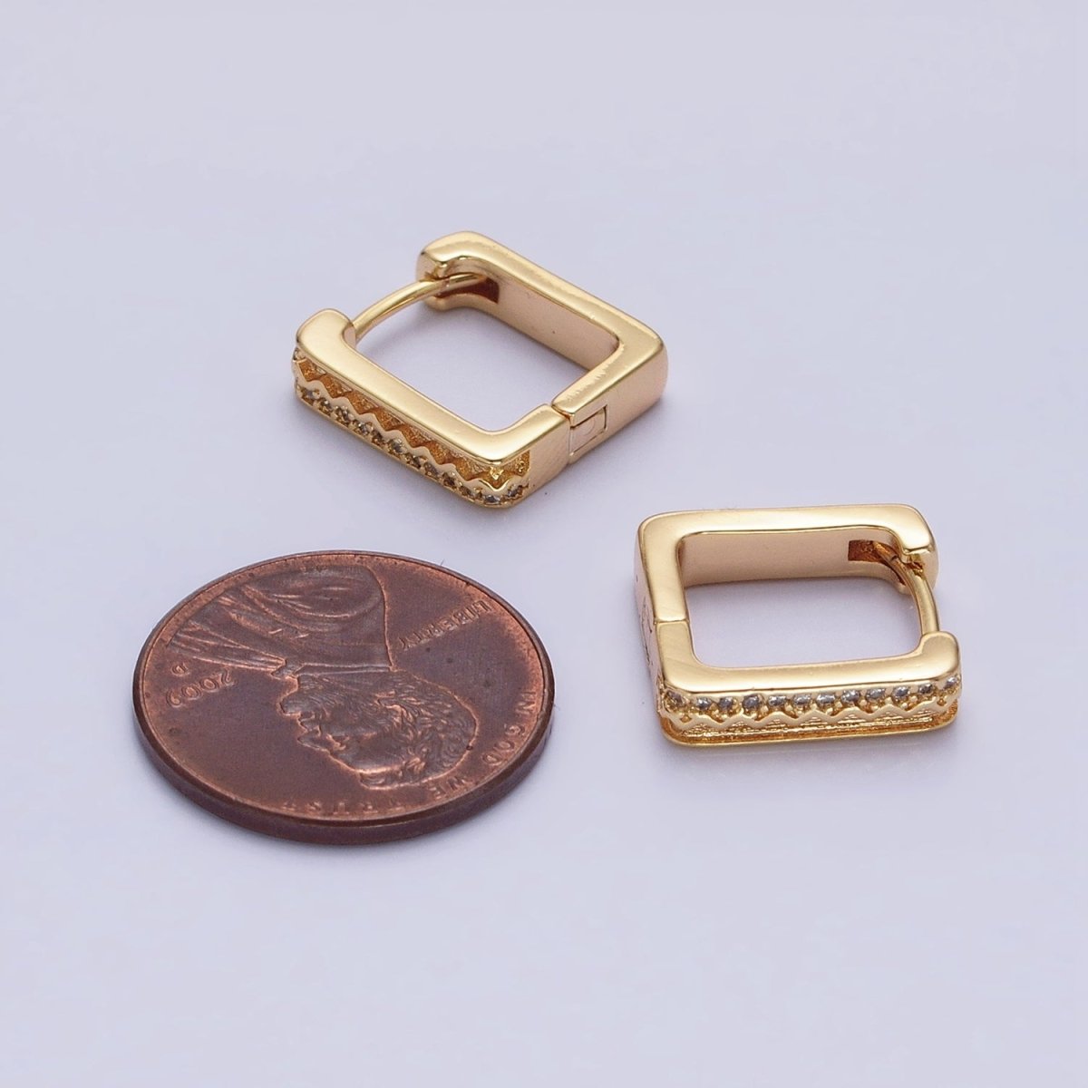 16K Gold Filled Micro Paved CZ Line Zig Zag Geometric Oblong Hoop in Gold & Silver | AB1480 AB1481 - DLUXCA