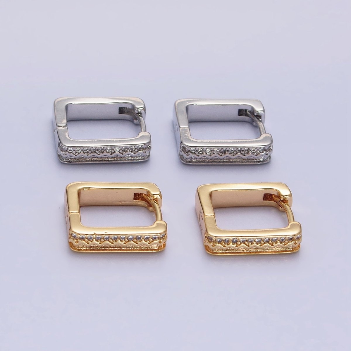 16K Gold Filled Micro Paved CZ Line Zig Zag Geometric Oblong Hoop in Gold & Silver | AB1480 AB1481 - DLUXCA