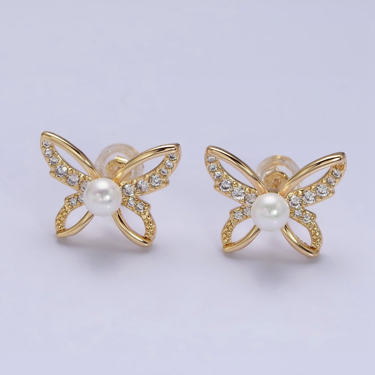 16K Gold Filled Micro Paved CZ Pearl Butterfly Mariposa Stud Earrings | AD1251 AD3495 - DLUXCA