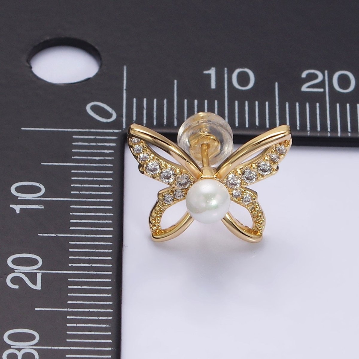 16K Gold Filled Micro Paved CZ Pearl Butterfly Mariposa Stud Earrings | AD1251 AD3495 - DLUXCA