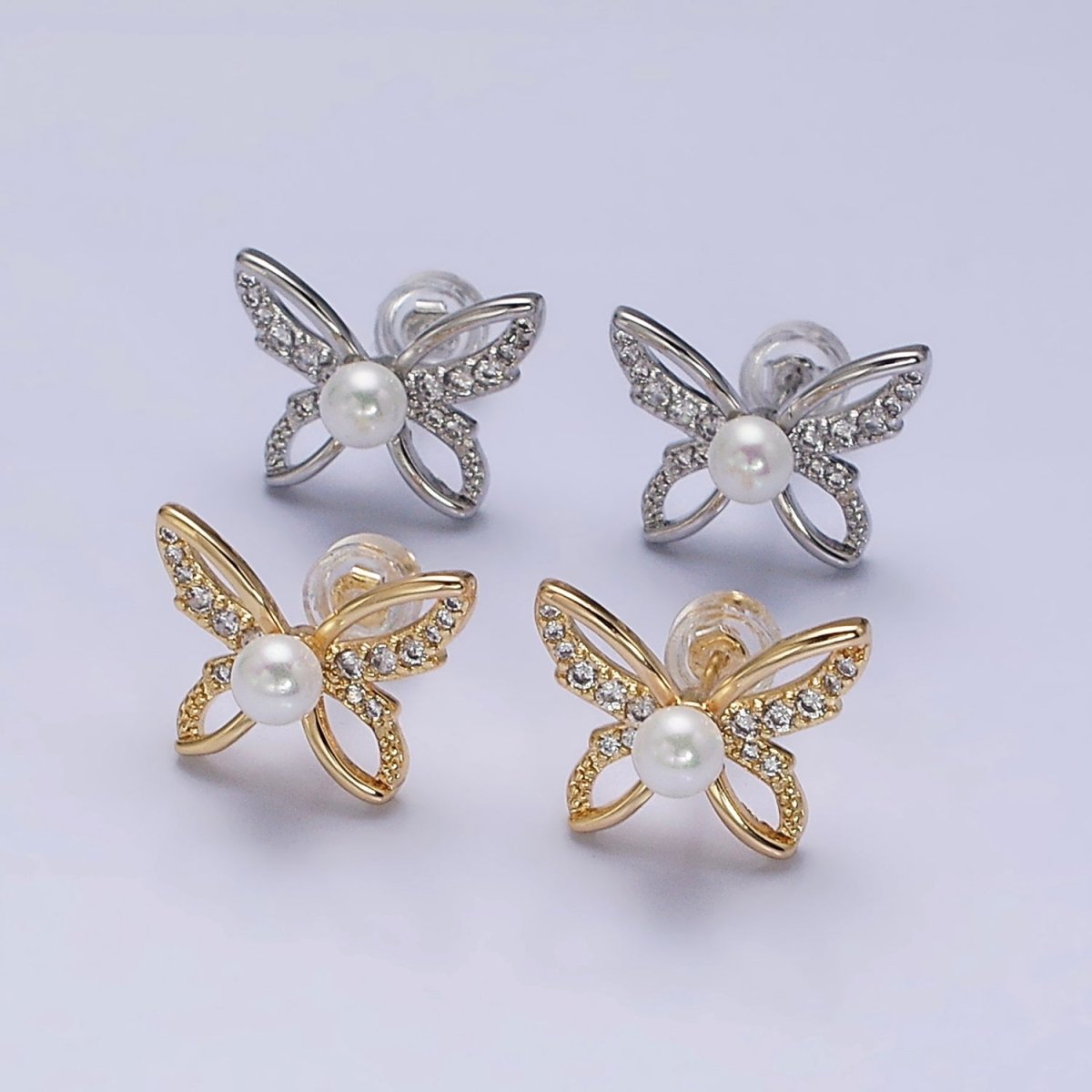 16K Gold Filled Micro Paved CZ Pearl Butterfly Mariposa Stud Earrings | AD1251 AD3495 - DLUXCA
