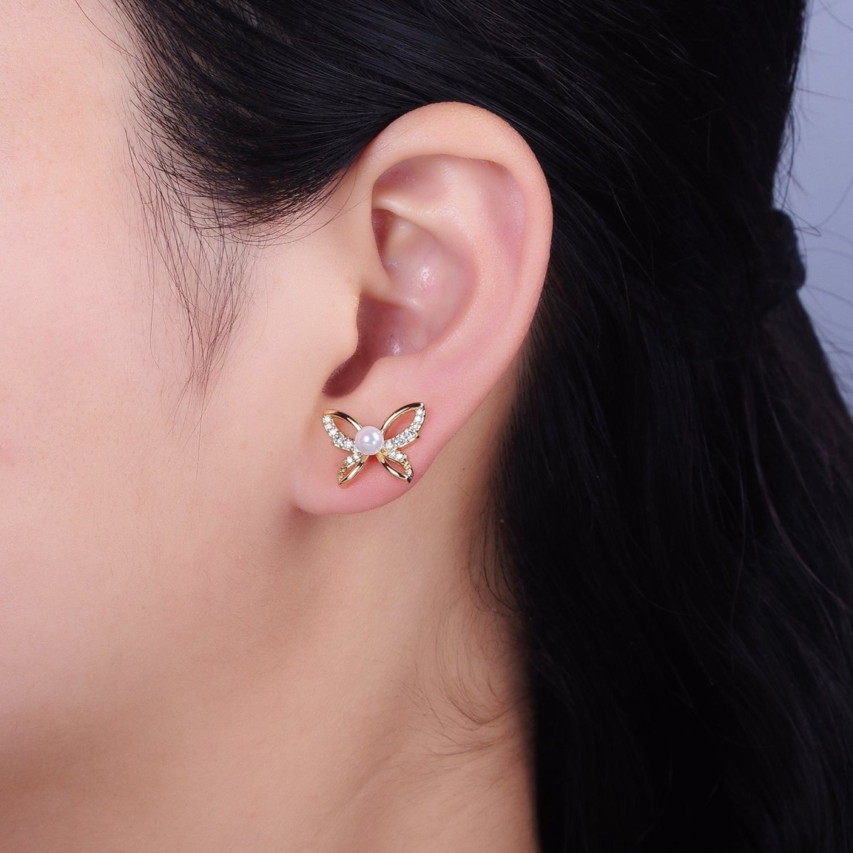 16K Gold Filled Micro Paved CZ Pearl Butterfly Mariposa Stud Earrings | AD1251 AD3495 - DLUXCA